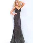 Cowl Neck Gown - Black Silver by Jovani | 25 South Boutiques