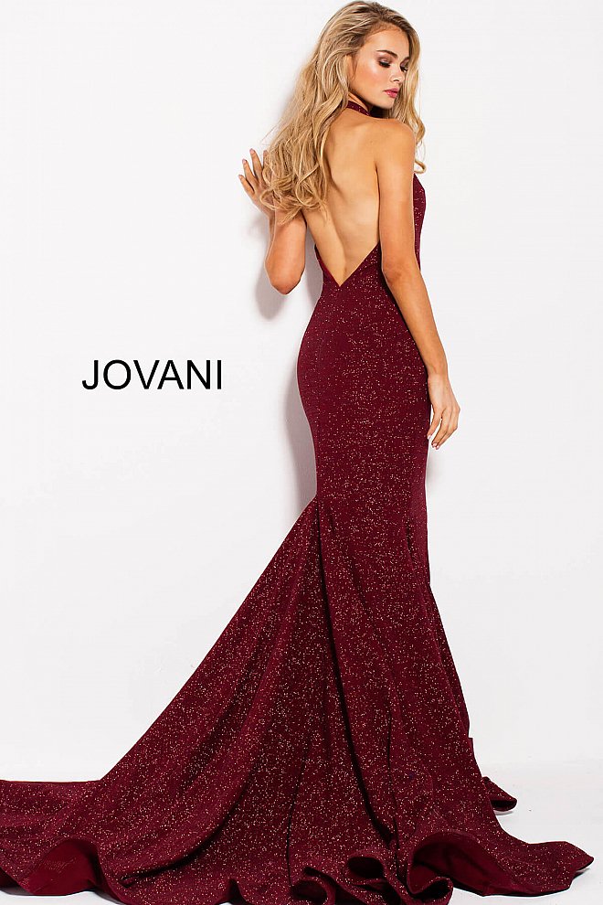Halter Plunging Neck Prom Dress - Wine by Jovani — alternate view