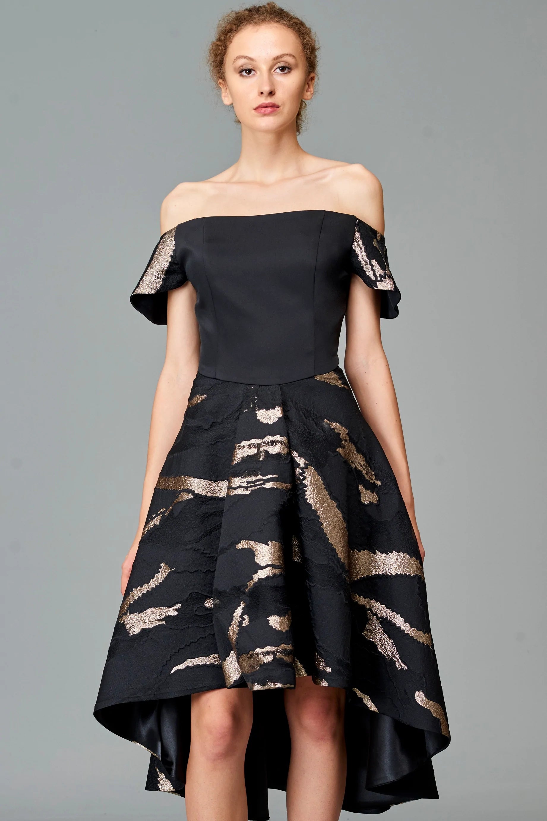 Off Shoulder Faille Jacquard Short Dress - Black / Gold by John Paul Ataker | 25 South Boutiques