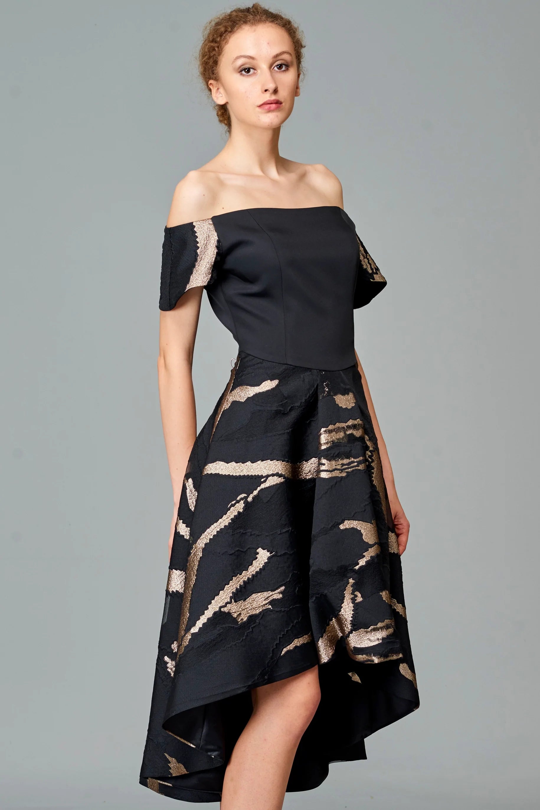 Off Shoulder Faille Jacquard Short Dress - Black / Gold by John Paul Ataker — alternate view