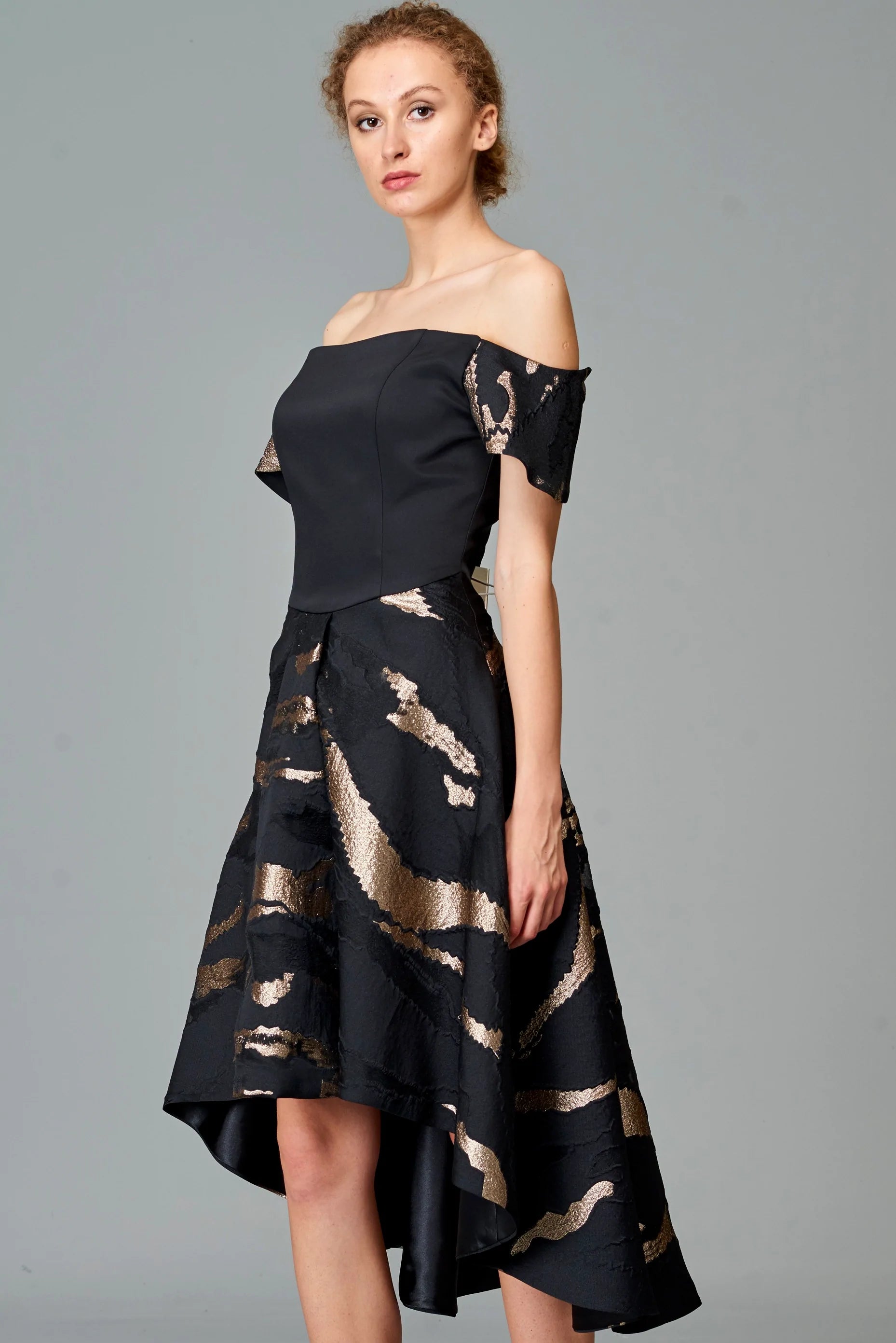 Off Shoulder Faille Jacquard Short Dress - Black / Gold by John Paul Ataker — view 3