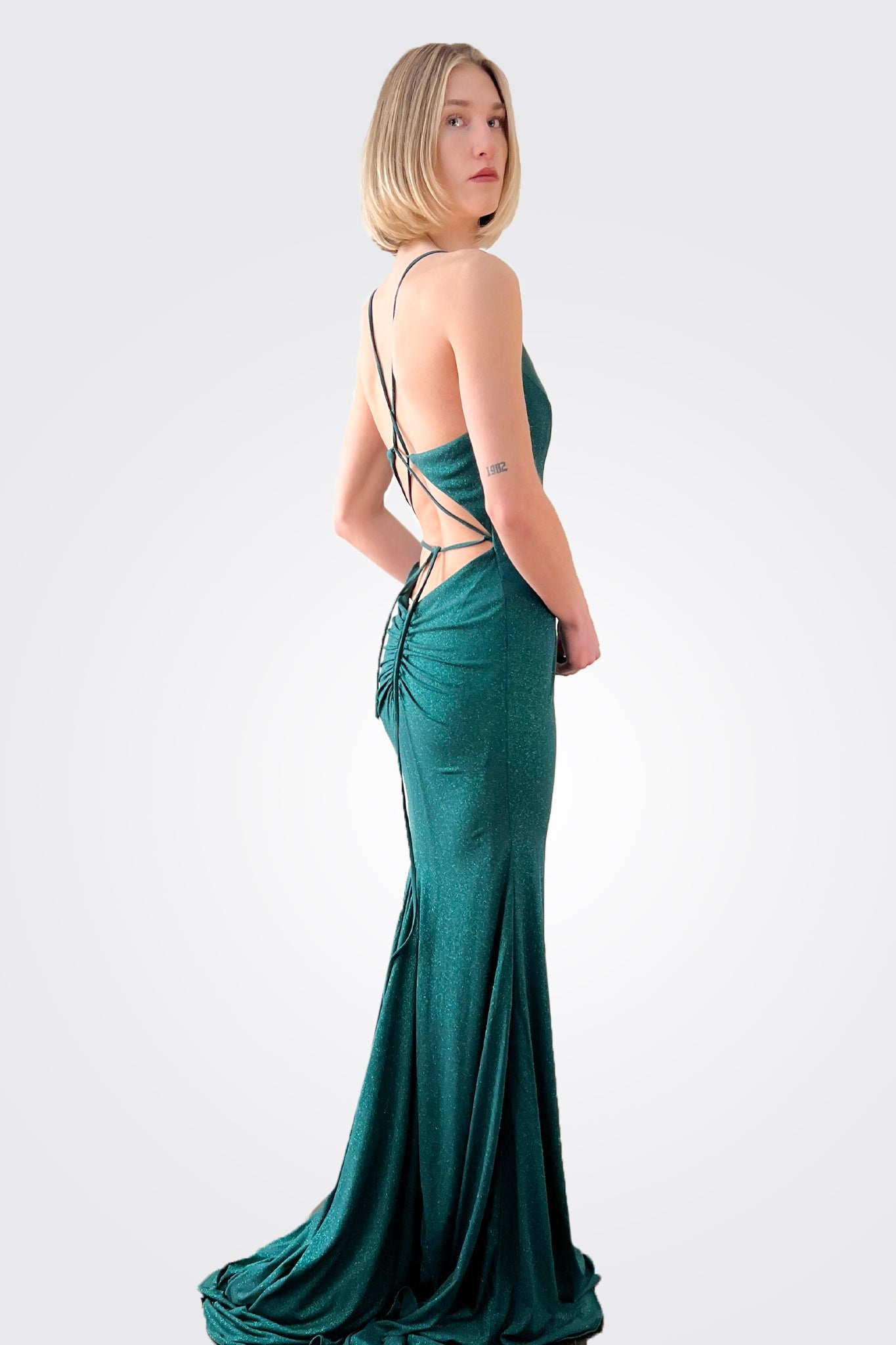 Tie Back Glitter Gown - Green by Jovani — alternate view