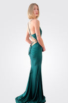 Tie Back Glitter Gown - Green by Jovani — alternate view