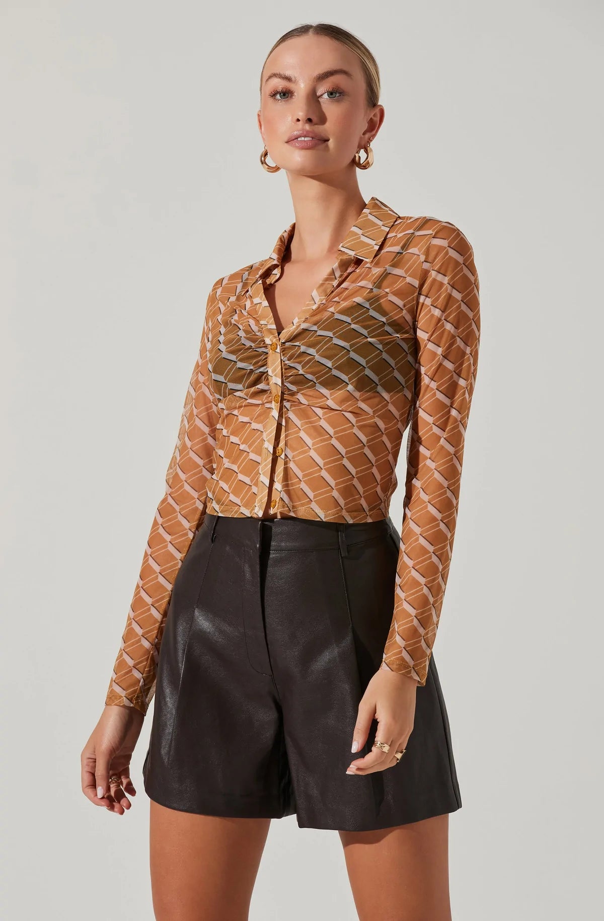 Lamora Mesh Button Down Top - Mustard Cream Geo by ASTR the Label | 25 South Boutiques