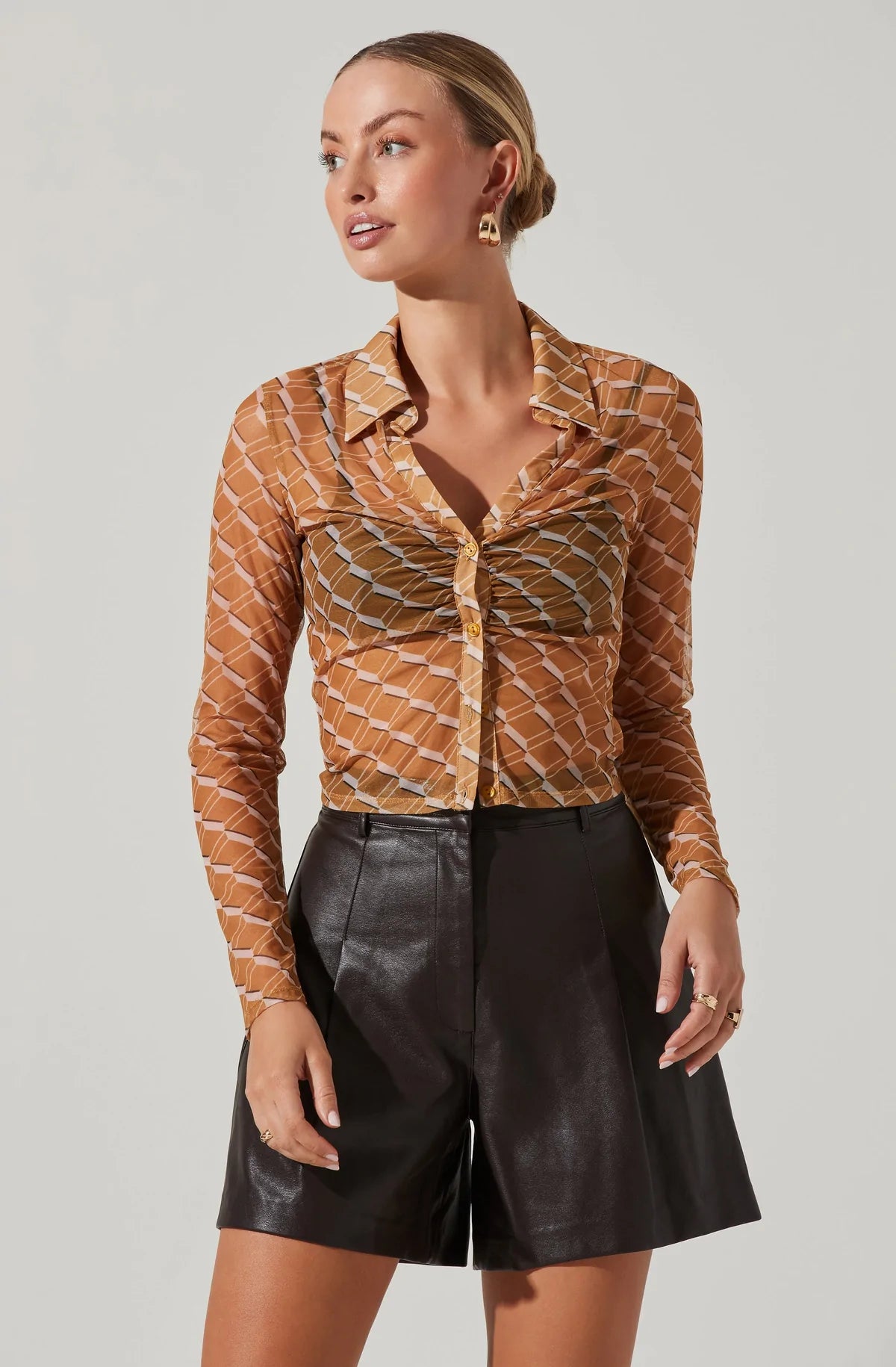 Lamora Mesh Button Down Top - Mustard Cream Geo by ASTR the Label — view 3