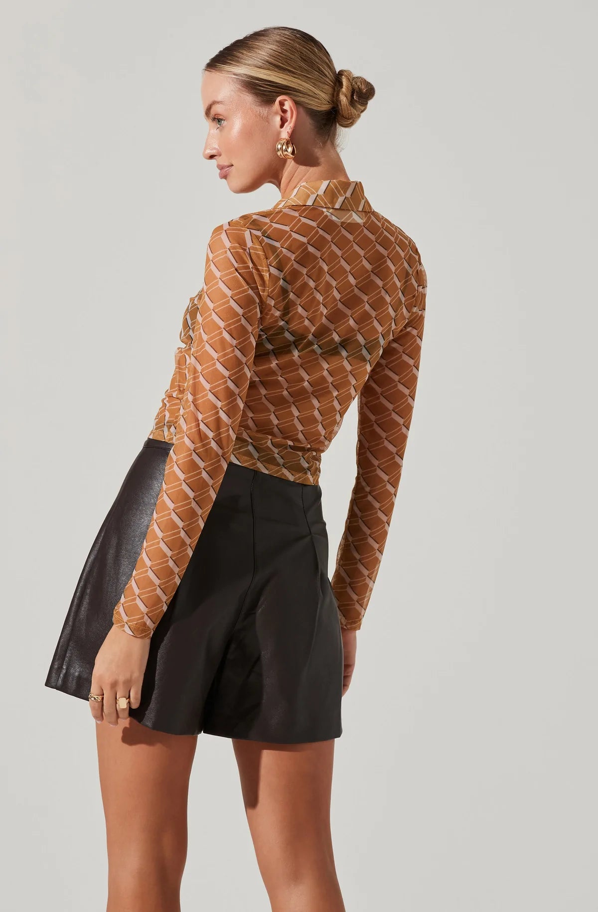 Lamora Mesh Button Down Top - Mustard Cream Geo by ASTR the Label — view 5