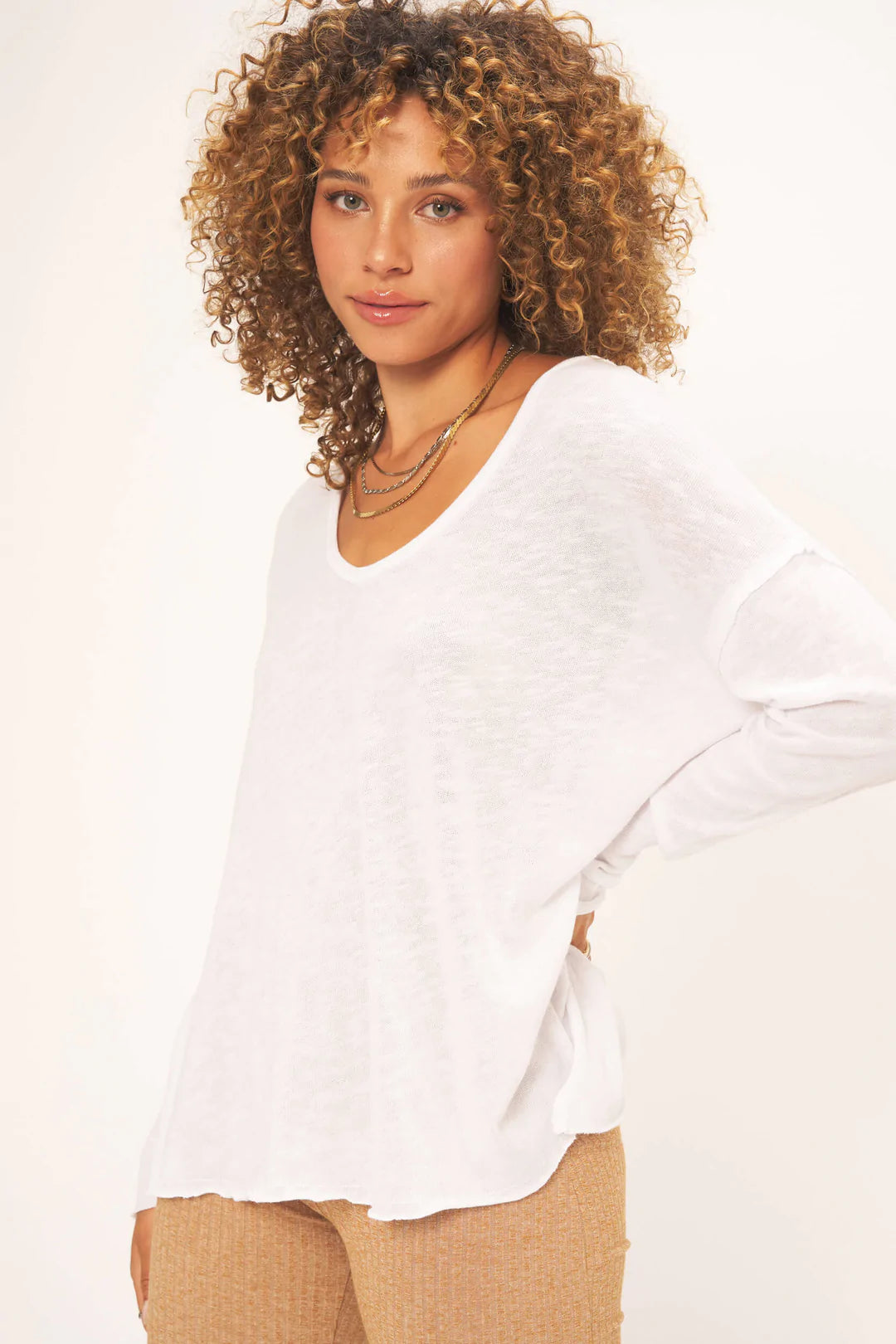 Mae Textured Relaxed V Neck L/S - White by Project Social T | 25 South Boutiques