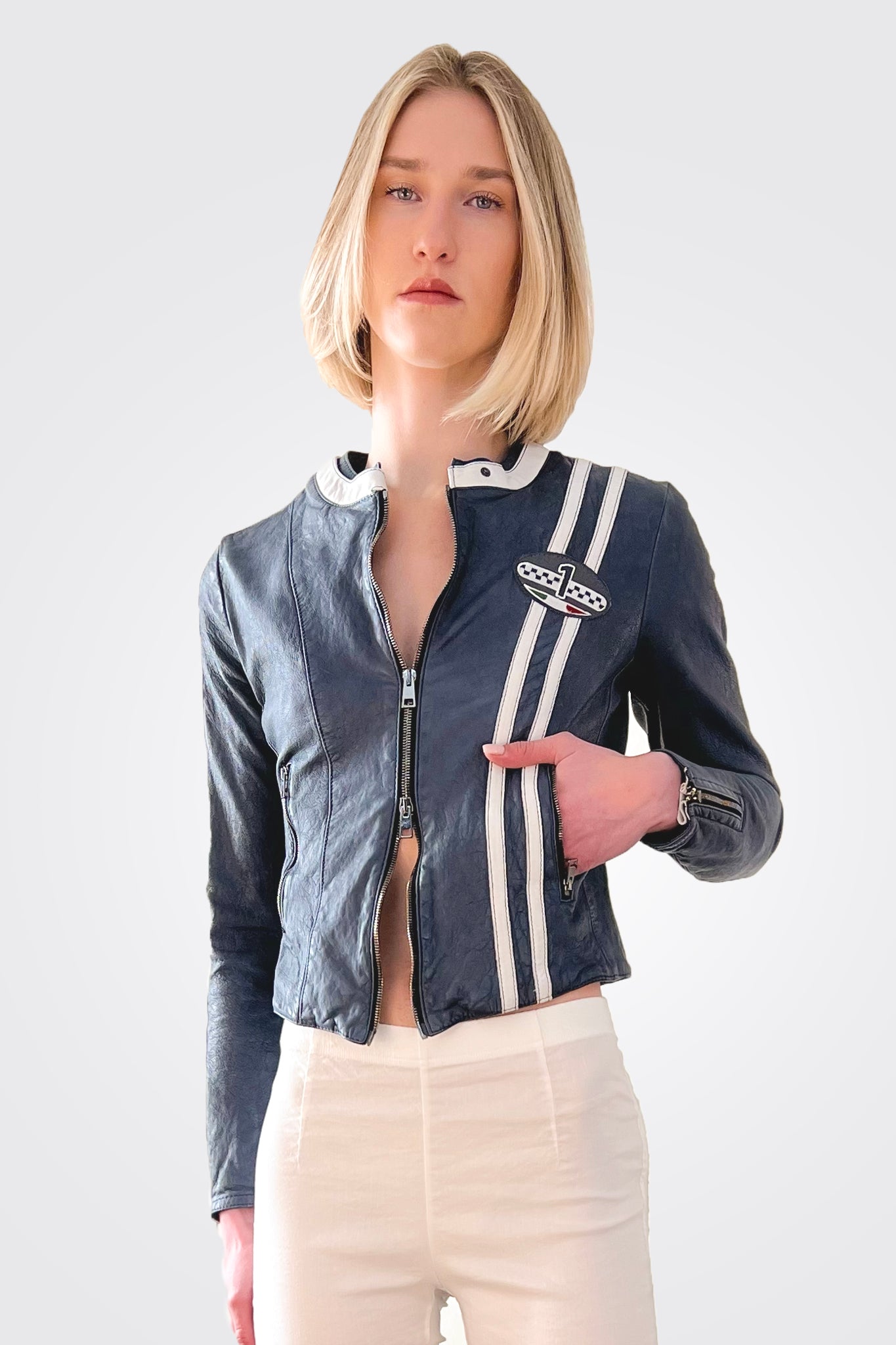 Striped Racer Leather Jacket - Navy by Ron Carati | 25 South Boutiques