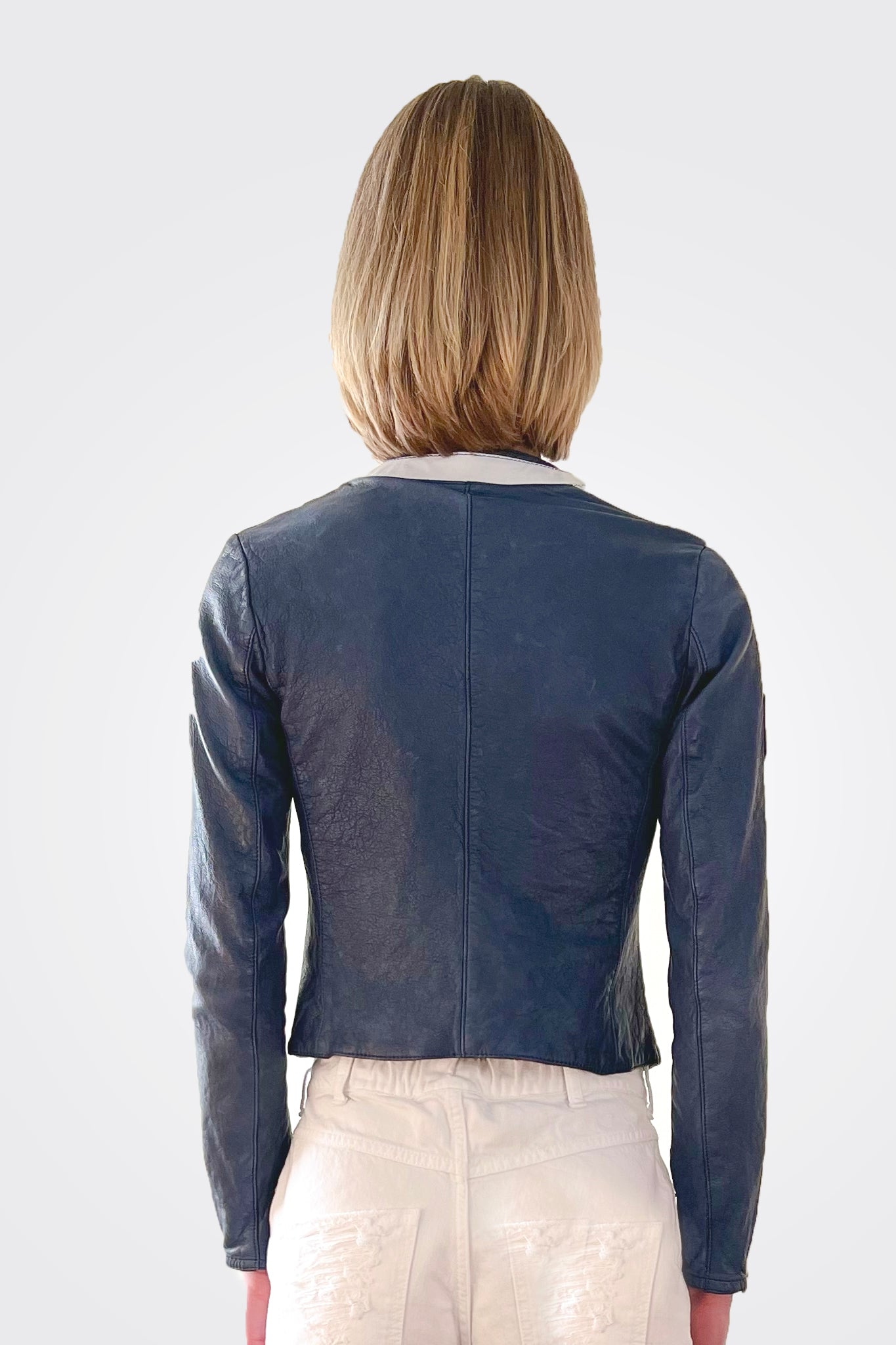 Striped Racer Leather Jacket - Navy by Ron Carati — alternate view