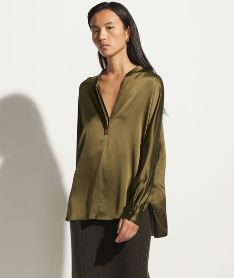Band Collar Silk Blouse - Olive Erba by Vince | 25 South Boutiques