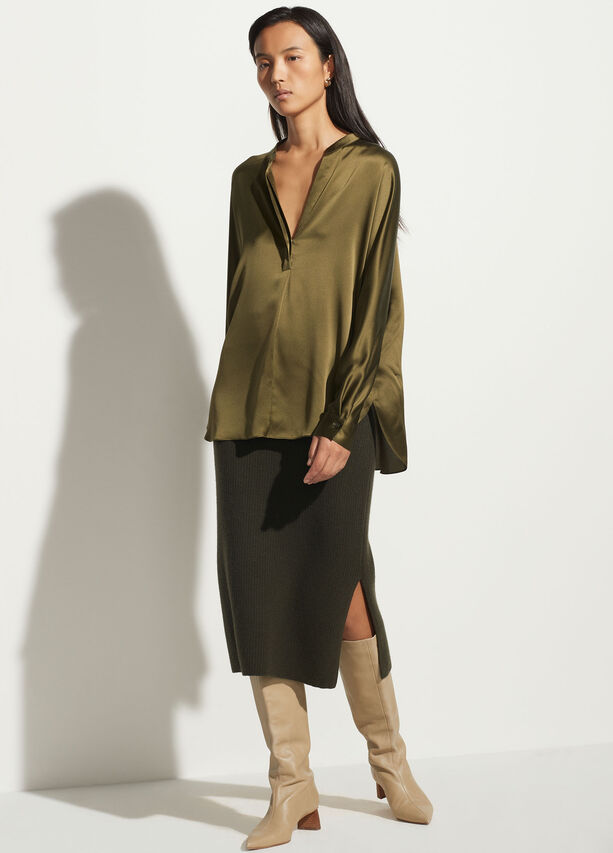 Band Collar Silk Blouse - Olive Erba by Vince — view 3