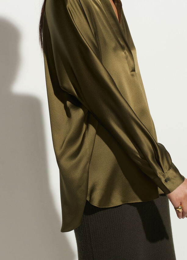 Band Collar Silk Blouse - Olive Erba by Vince — alternate view