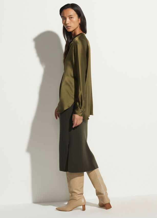 Band Collar Silk Blouse - Olive Erba by Vince — view 4