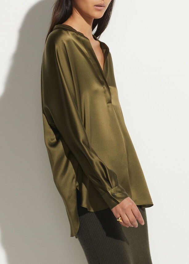 Band Collar Silk Blouse - Olive Erba by Vince — view 5