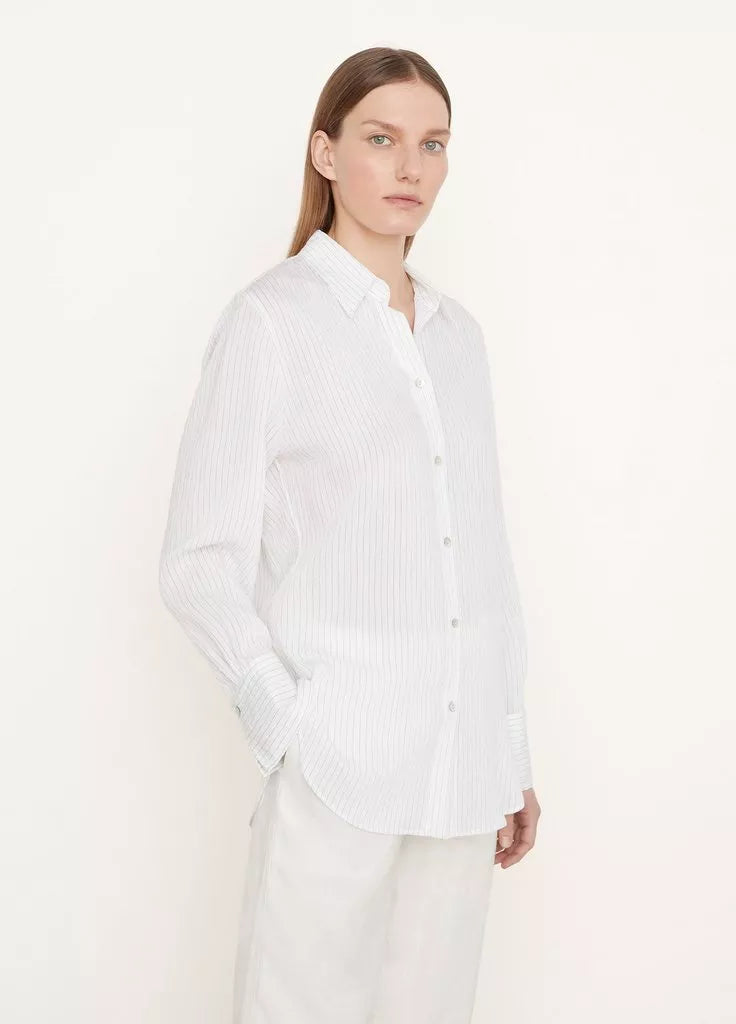 Fine Stripe Relaxed Long Sleeve Shirt - Optic White / Black Stripe by Vince — view 3