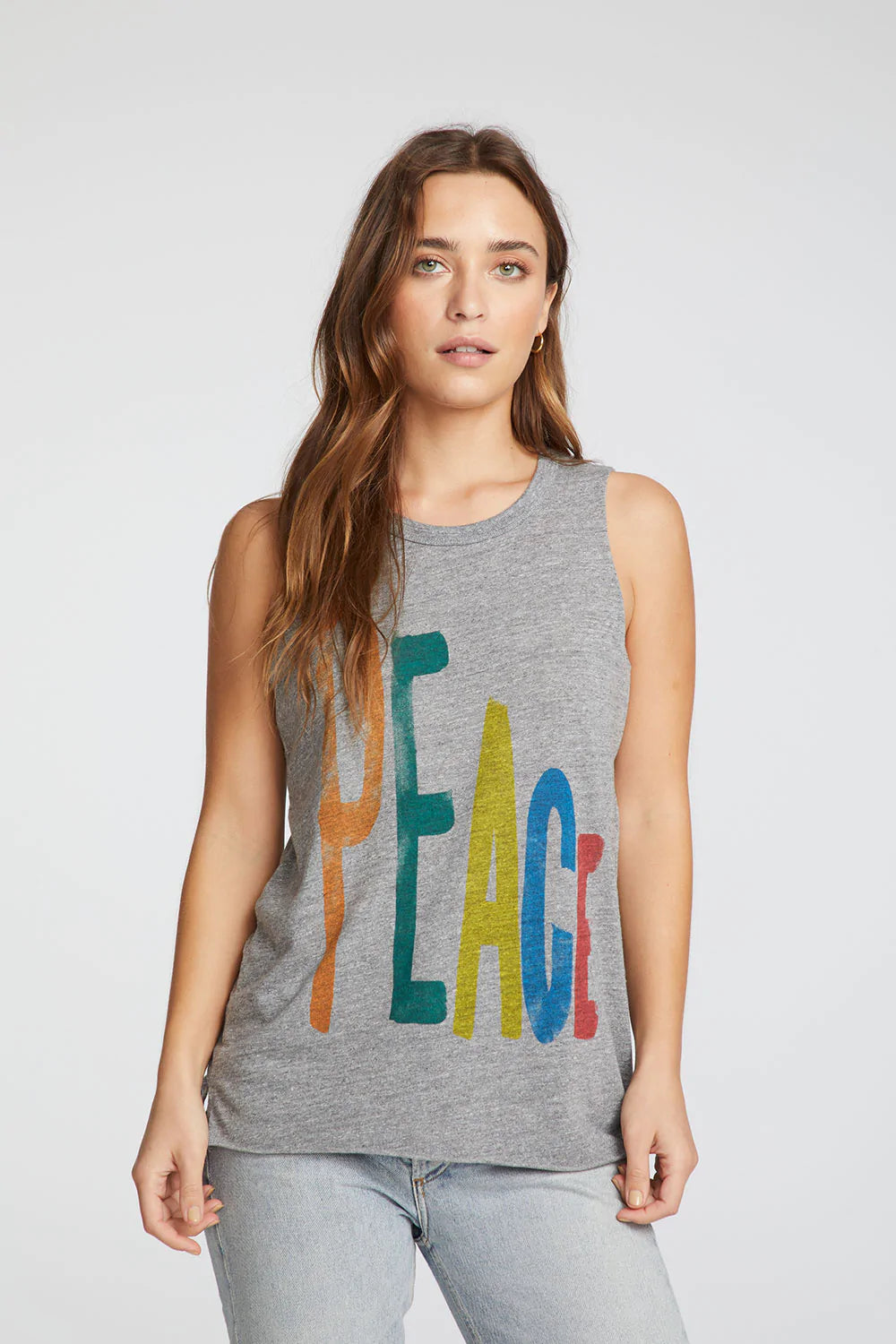 Rainbow Peace Muscle Crop Tee  - Streaky Gray by Chaser — alternate view