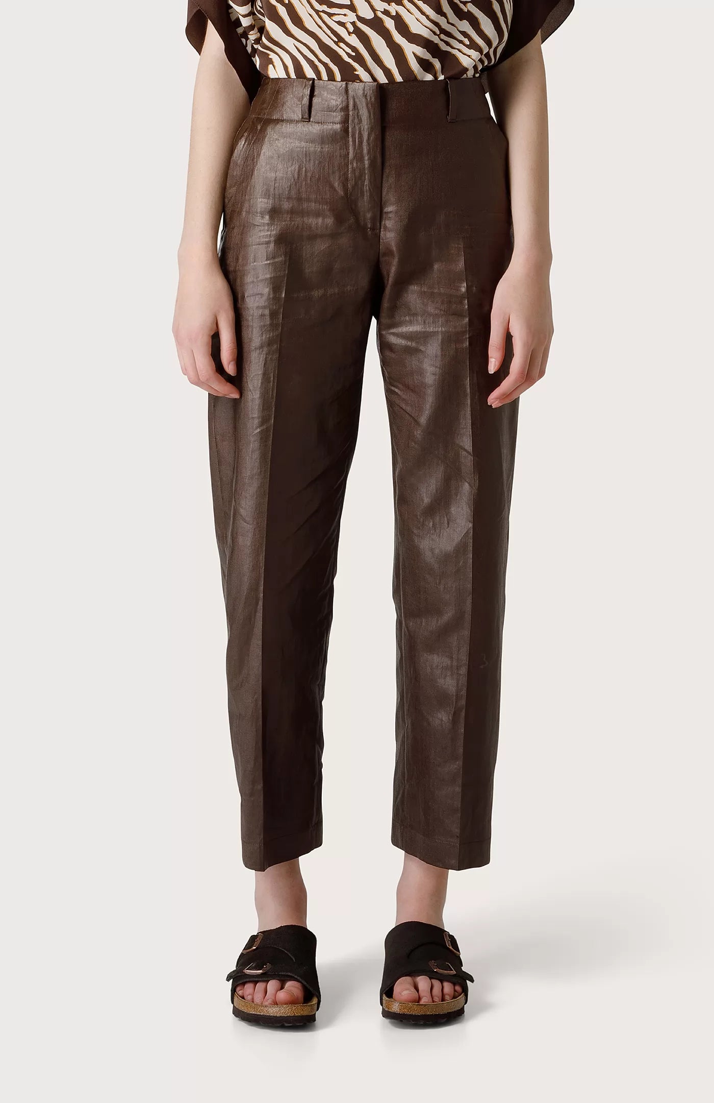 Leather Look Ramie Trousers - Cold Brown by Seventy Venezia | 25 South Boutiques
