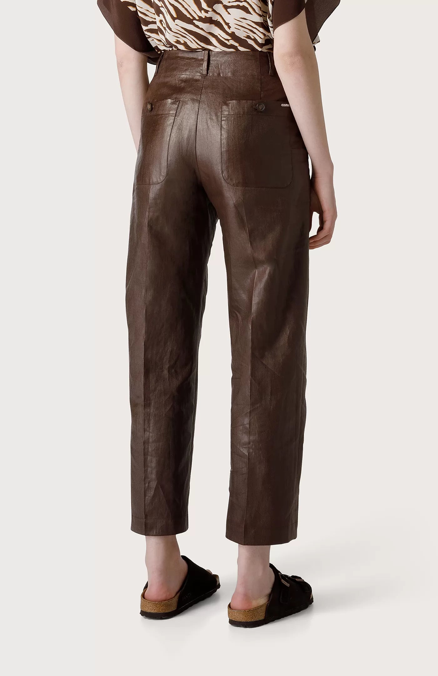 Leather Look Ramie Trousers - Cold Brown by Seventy Venezia — view 3