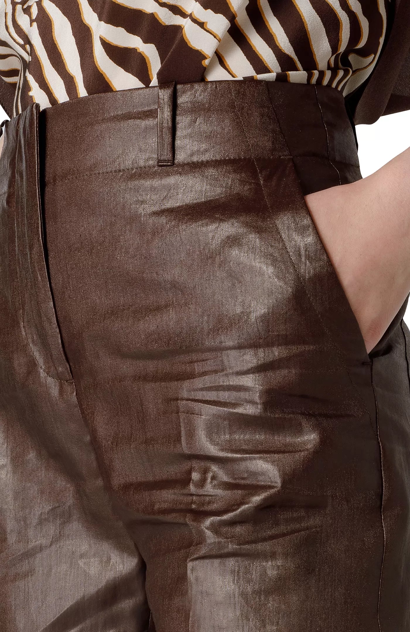 Leather Look Ramie Trousers - Cold Brown by Seventy Venezia — view 4
