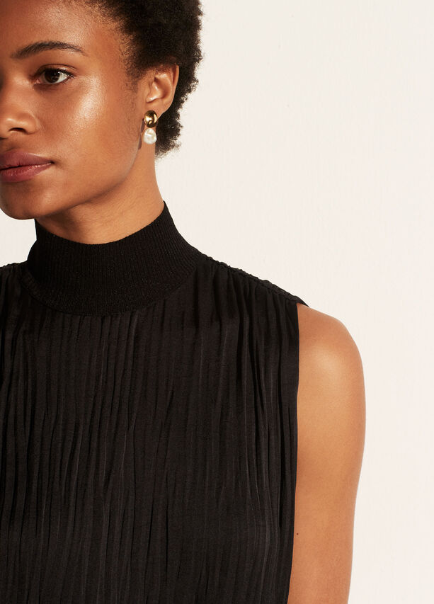 Rib Mock Neck Crushed Satin Shell - Black by Vince — alternate view