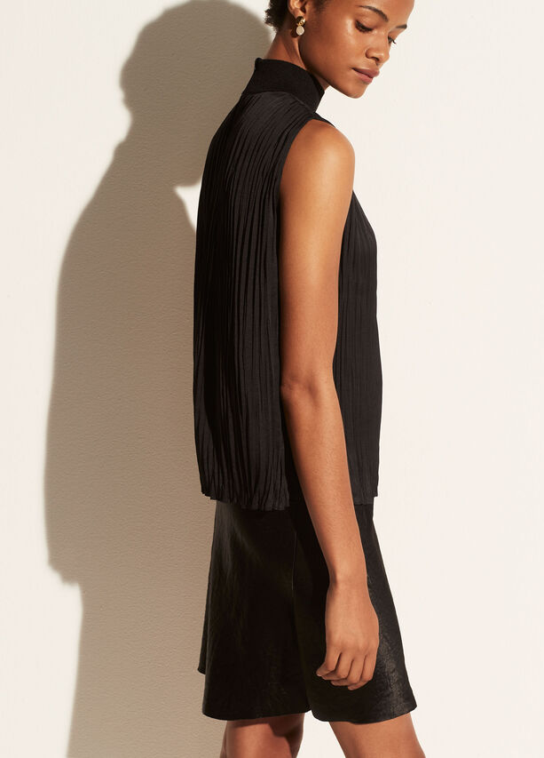 Rib Mock Neck Crushed Satin Shell - Black by Vince — view 3