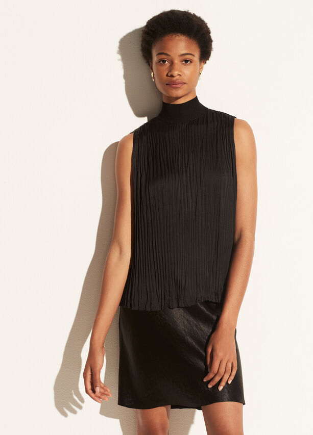 Rib Mock Neck Crushed Satin Shell - Black by Vince | 25 South Boutiques
