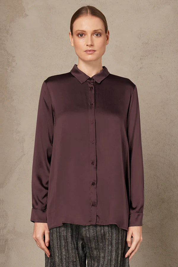 Stretch Satin Silk Shirt - Burgundy by Transit Par-Such — view 3