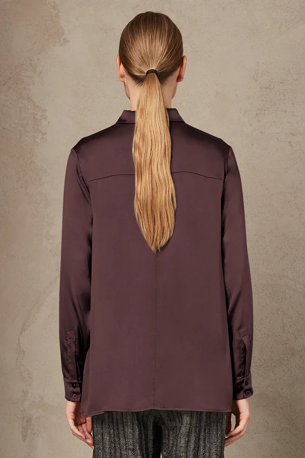 Stretch Satin Silk Shirt - Burgundy by Transit Par-Such — view 6