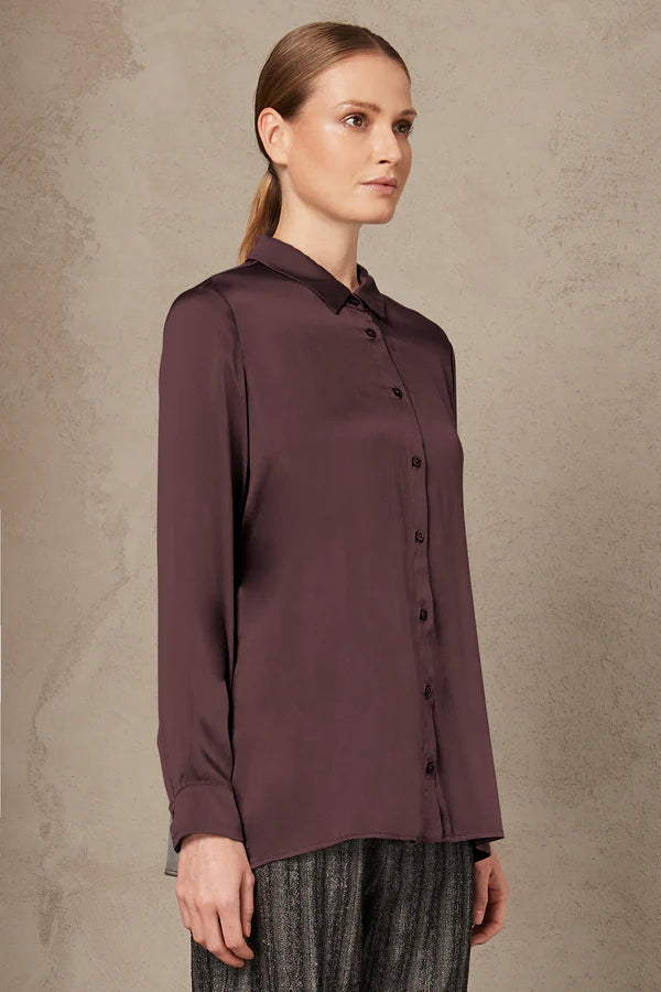 Stretch Satin Silk Shirt - Burgundy by Transit Par-Such — view 5