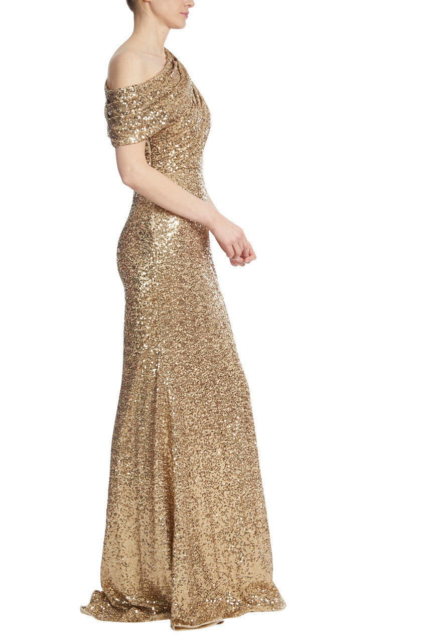 Draped One-Shoulder Sequin Gown - Gold by Badgley Mischka — alternate view