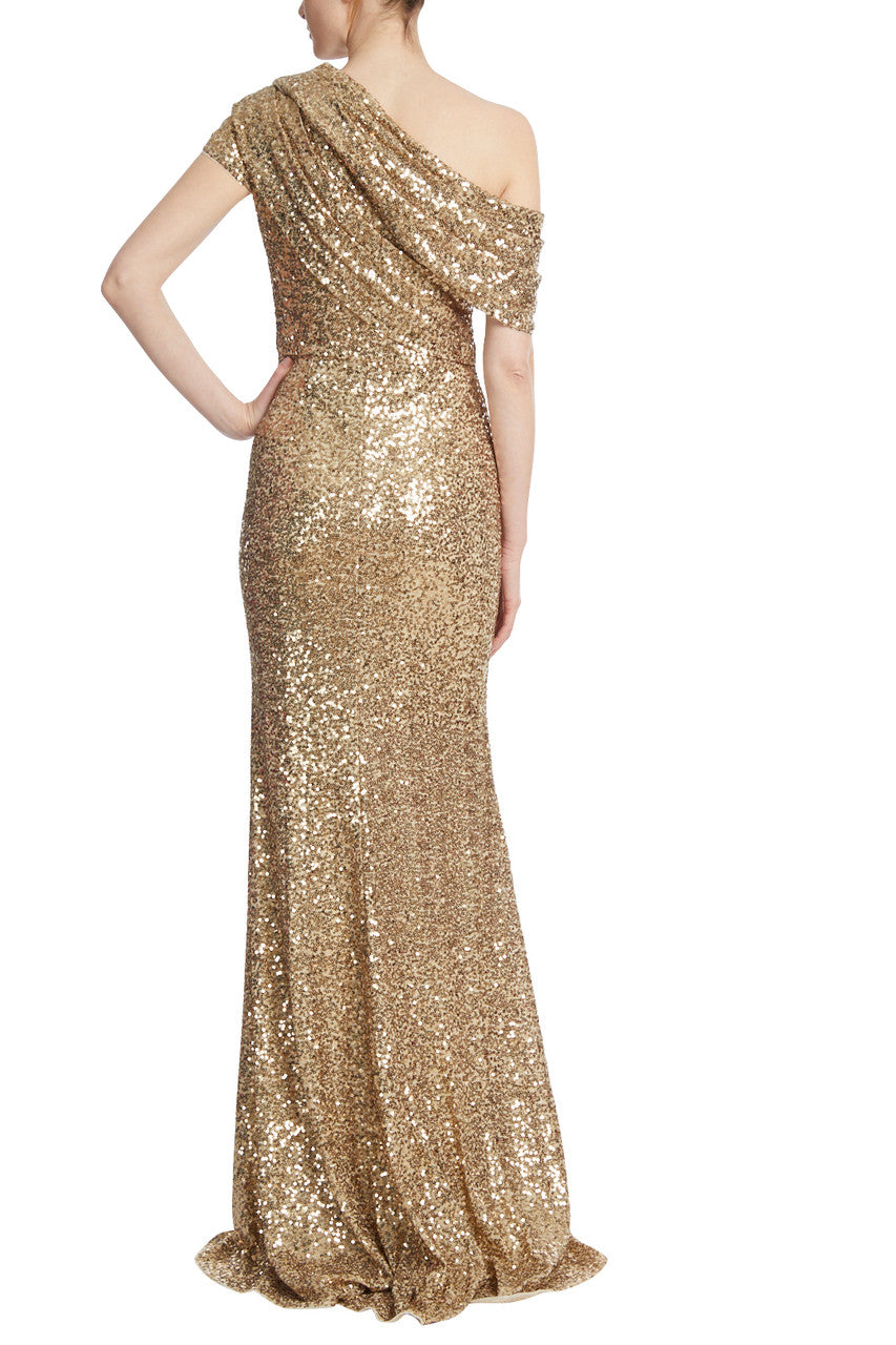 Draped One-Shoulder Sequin Gown - Gold by Badgley Mischka — view 3