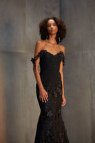 Floral Appliqué Fitted Gown - Black by Savin London — view 5
