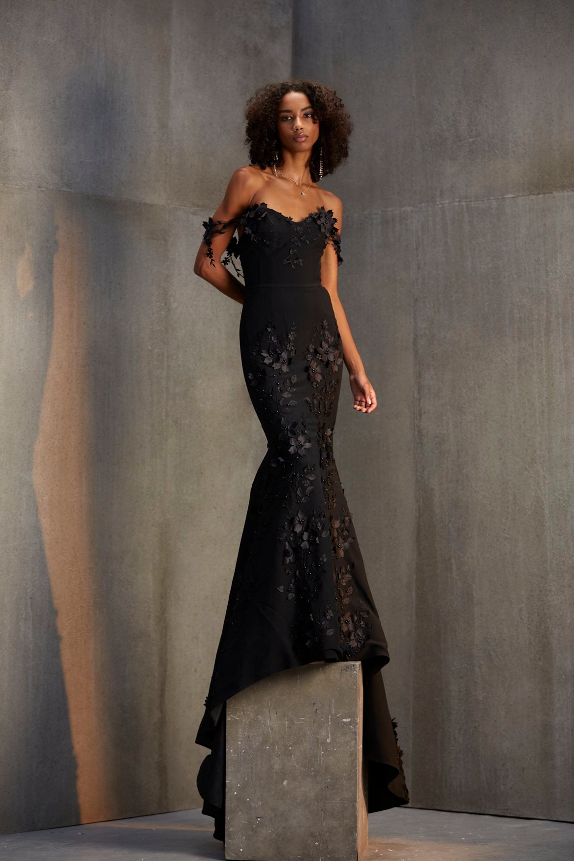 Floral Appliqué Fitted Gown - Black by Savin London — view 6