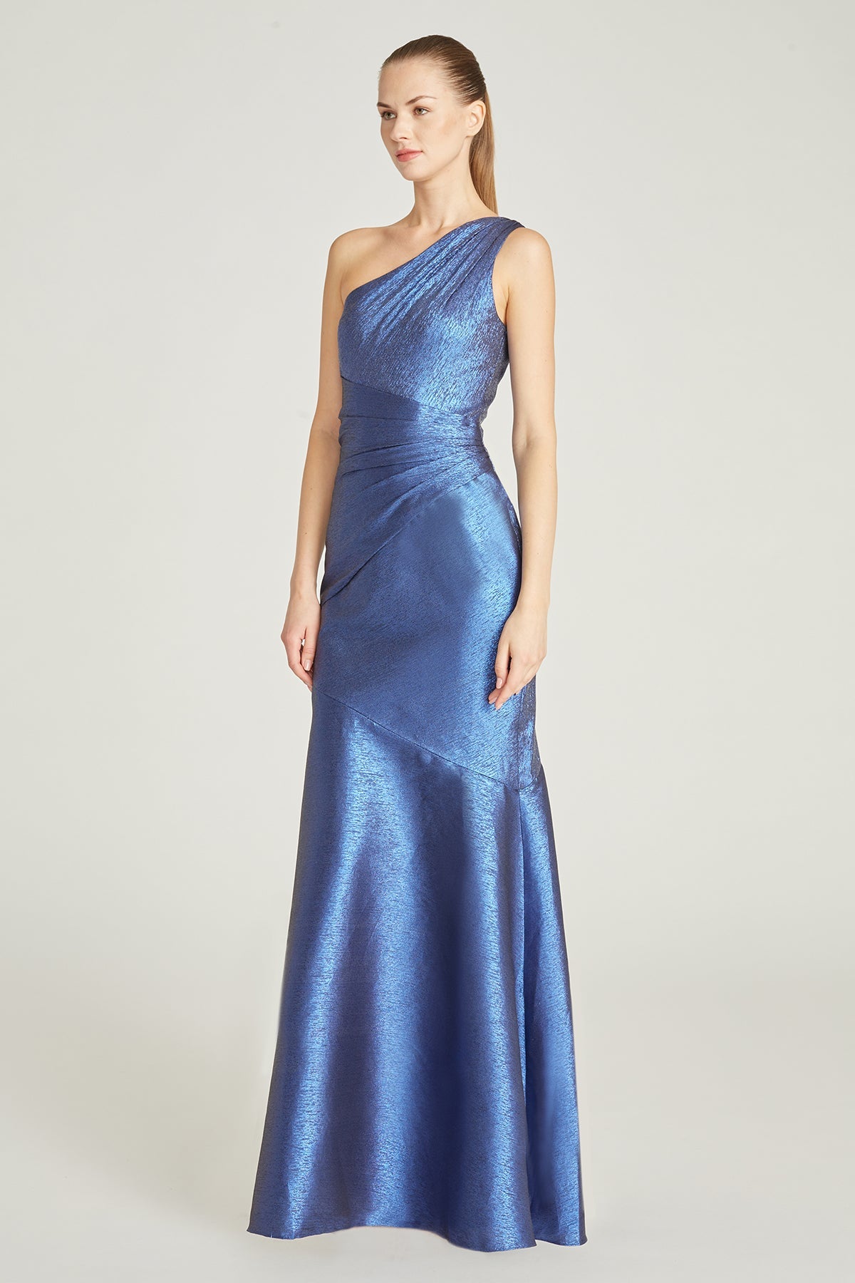 One Shouldered Gown - Sail Blue by Theia — view 3