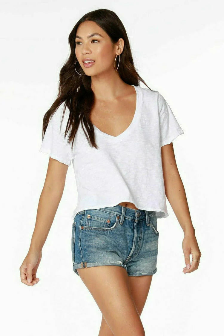 V Neck Short Sleeve Tee - White by Bobi — alternate view