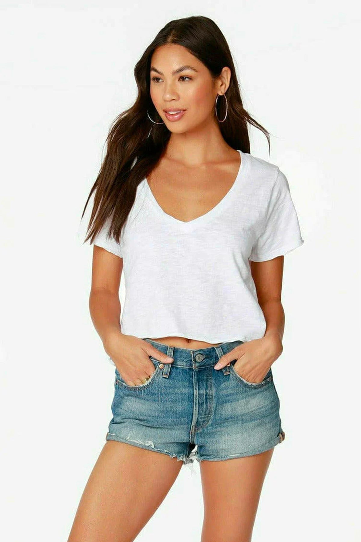 V Neck Short Sleeve Tee - White by Bobi | 25 South Boutiques