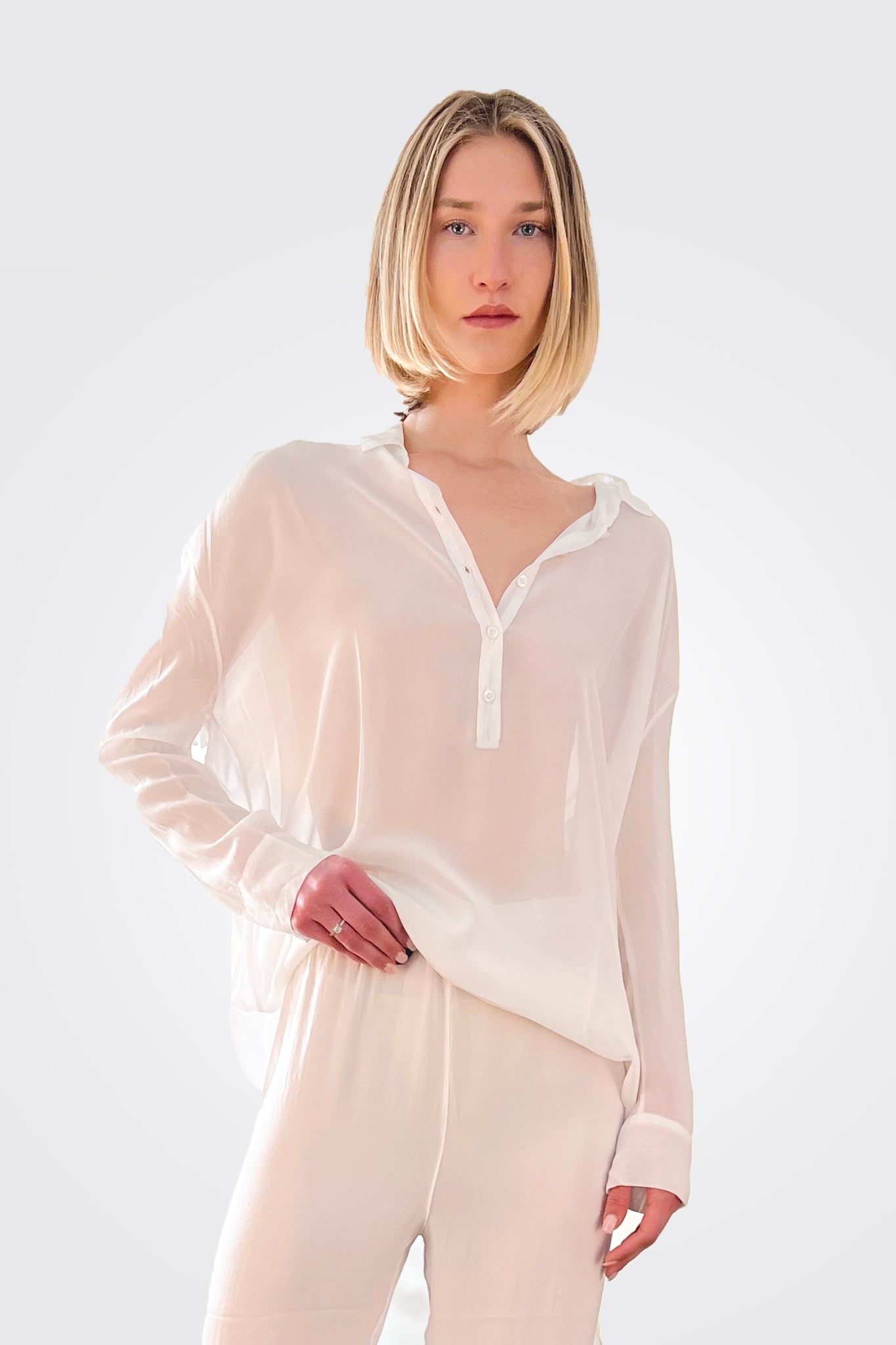 Silk Hi-Low Sheer Blouse - White by Private 0204 | 25 South Boutiques